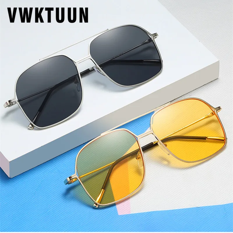 VWKTUUN Square Sunglasses Women Oversized Luxury Shades UV400 Retro Points Twin Beam Eyewear Metal Frame Ocean Lens Glasses