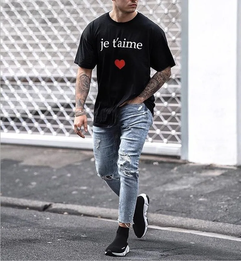 Casual Skinny Jeans Ankle Length Ripped Denim Pant Zipper Fly Men Clothing Cut Bottom Pencil Pant Light Blue Cowboys Streetwear