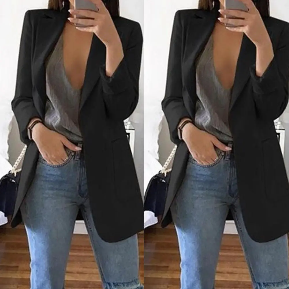 Outono inverno preto jaqueta feminina blazers sólido fino terno das senhoras do escritório terno de negócios feminino bolso casaco cinza cáqui