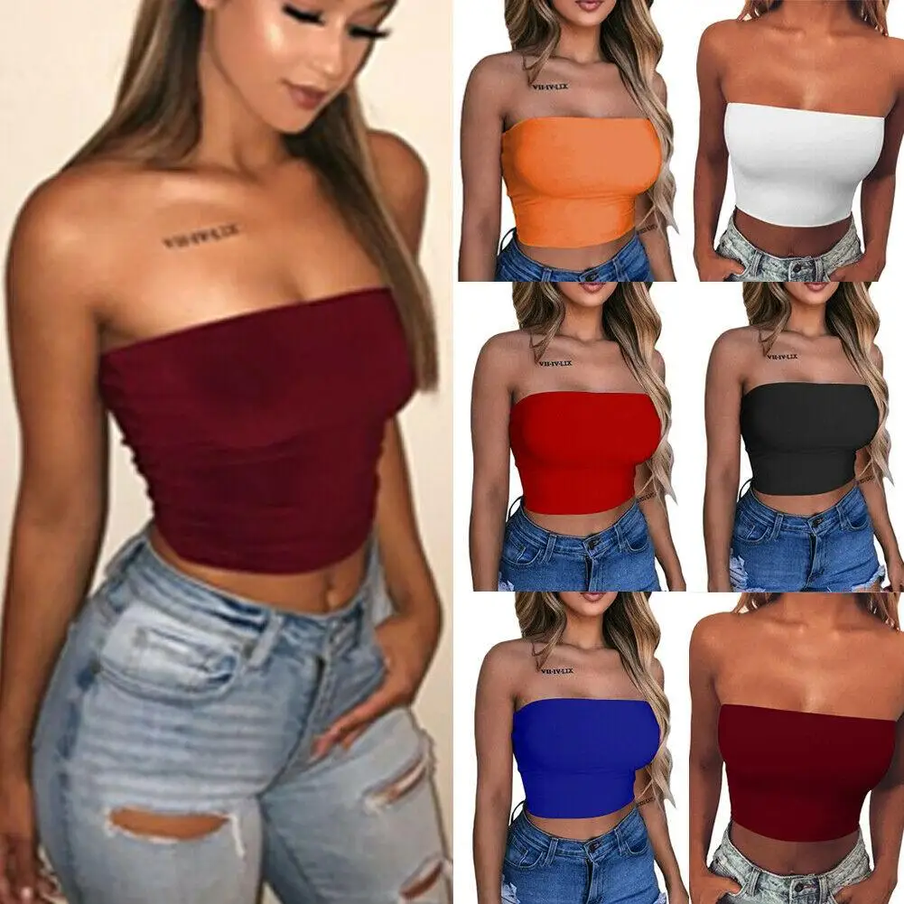 Women's Tube Tops Strapless Sexy Crop Top Solid Color Elastic Boob Bandeau Tank Top Women's T-Shirt Summer Camis Tops Camisole