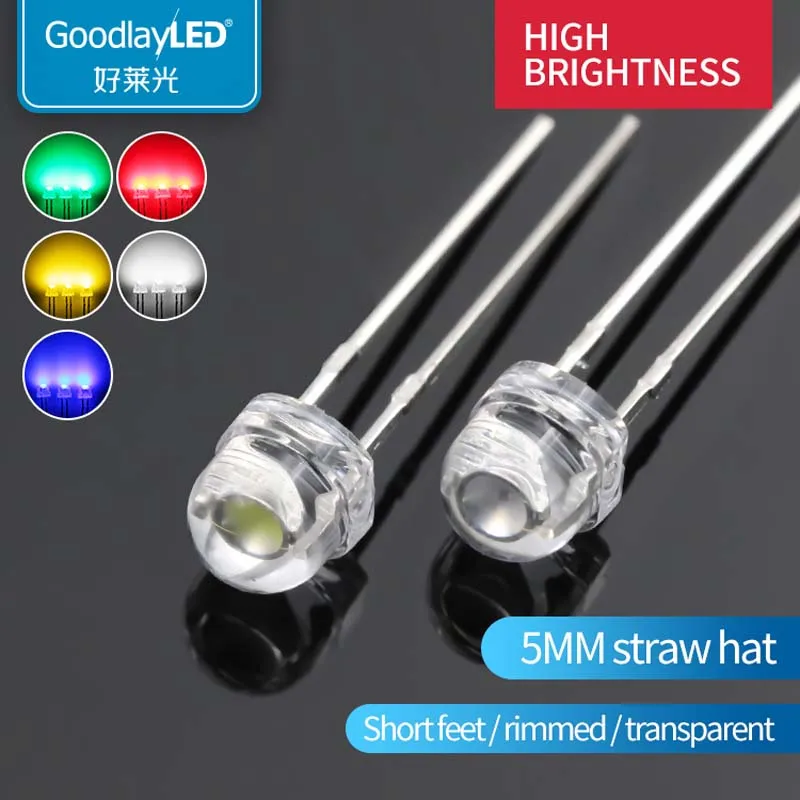 1000PCS 5mm straw hat low light attenuation short leg transparent white red blue green yellow LED light-emitting diode