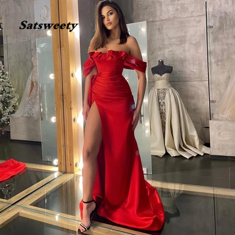 Charming Prom Dresses Jersey Slide Split Square Collar Off-Shoulder Zipper A-Line Gowns Novia Do New Party Vestidos Luxury