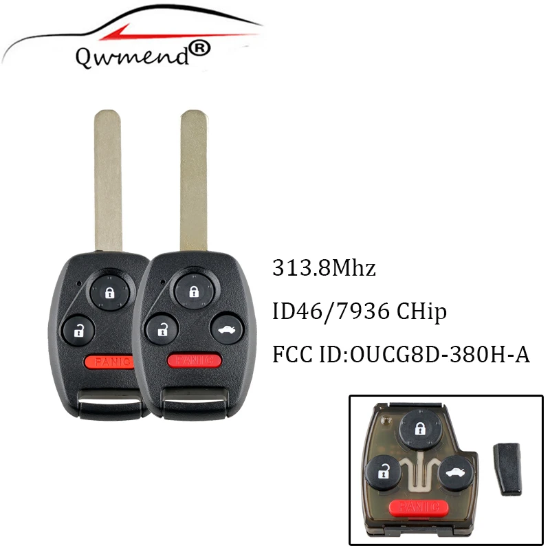 

QWMEND Car Keyless Entry Remote Key 4 Buttons Fob 313.8Mhz With ID46 Chip OUCG8D-380H-A For Honda Accord 2003-2007 keys