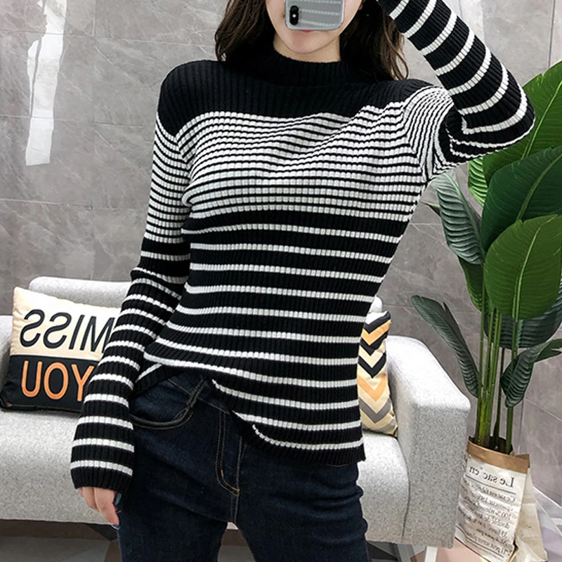 

Women New Fashion Striped Turtleneck Sweater Autumn Winter Knitted Pullovers Female Slim Soft Jumper Sweater Tops
