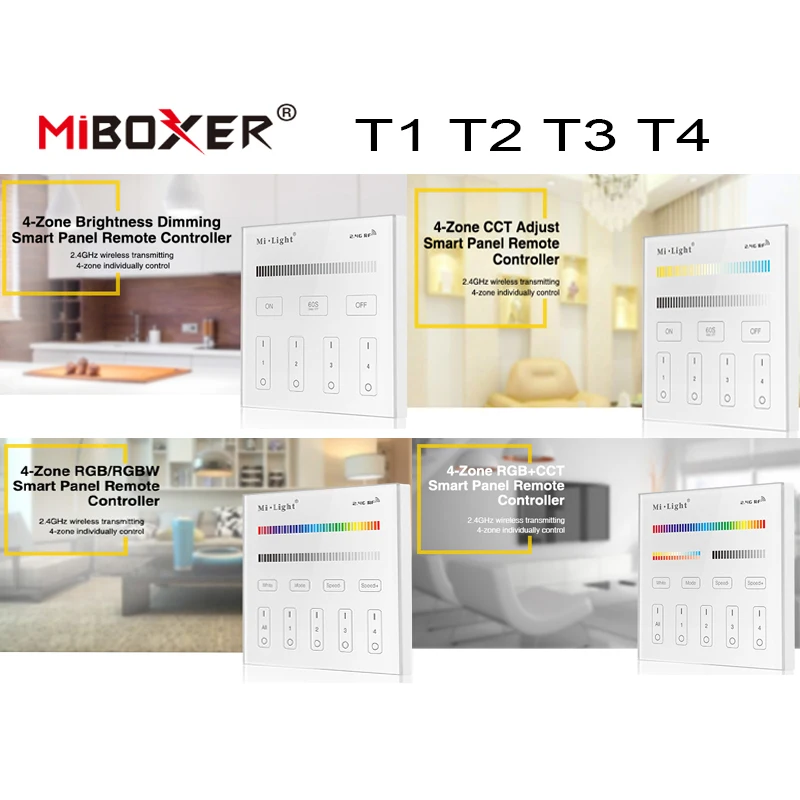 

Miboxer T1/T2/T3/T4 4 Groups Single Color/CCT/RGB+CCT/RGBW Smart Panel Rmote Dimming dimmer Controller for bulbs or led strip