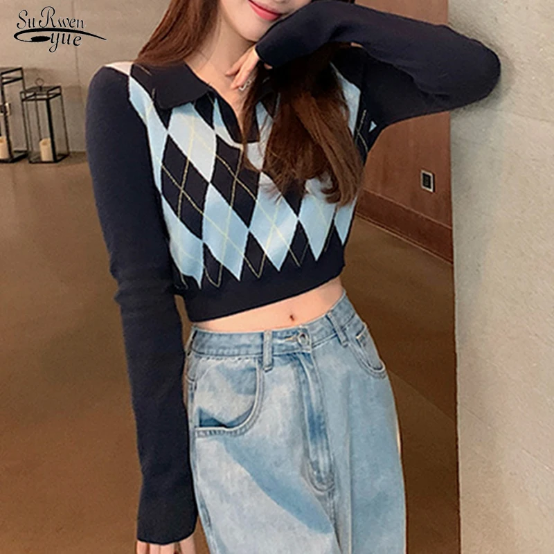 

Casual Plaid Pullover Women Sweater Vintage Knitwear Women Sweater Autumn 2023 Long Sleeve Knitted Argyle Sweater Woman 16288