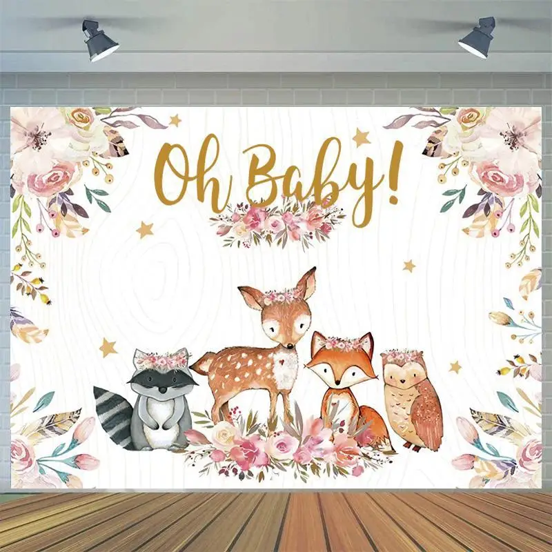 

Oh Baby Safari Woodland Backdrop Animals Jungles Newborn Baby Shower Photo Background Vinyl Cake Table Banner Party Supplies