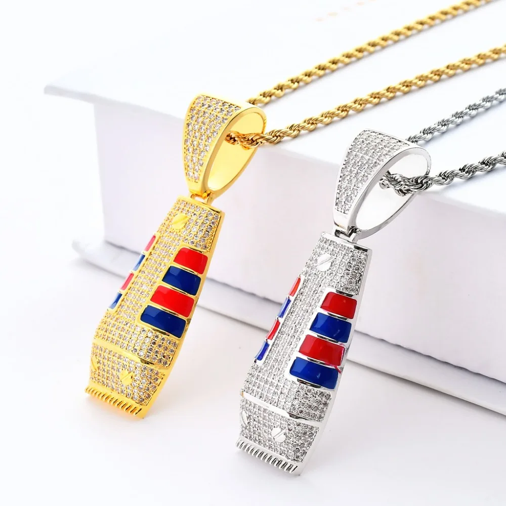 

Full AAA CZ Zircon Paved Bling Iced Out Hair Clipper Barber Pendants Necklace for Men Rapper Gold Color Gifts Hip Hop Jewelry