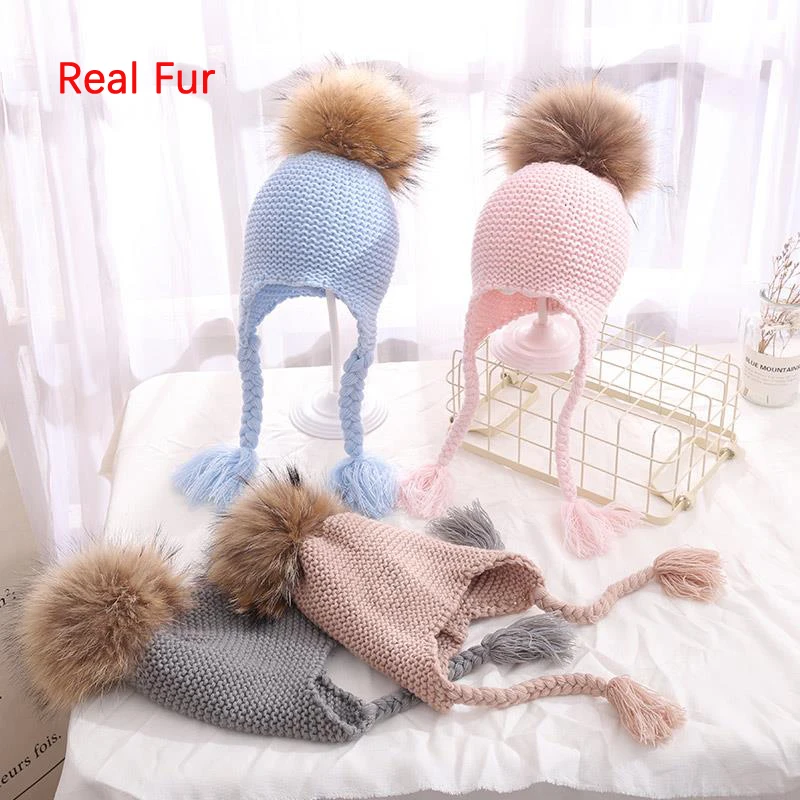 NEW Fashion Children Winter Raccoon Fur Hats 100% Real 15cm Fur pompom Beanies Cap Natural Fur Hat For Kids Children