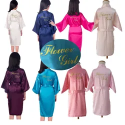 Wholesale Kids Girls Silky Satin Robes for Wedding Bridal Party Wedding Bath Robes Flower Girl Robe with Gold Glitters D4