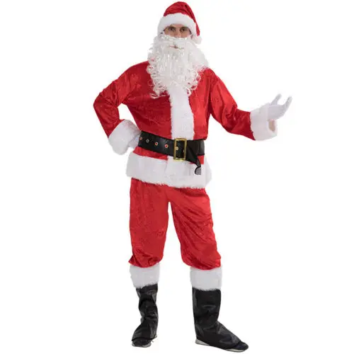 Men Christmas Santa Claus Cosplay Costume Festival Clothes Set Red Fleece Plush Coat + Pants + Hat + Belt + Beard + Shoes