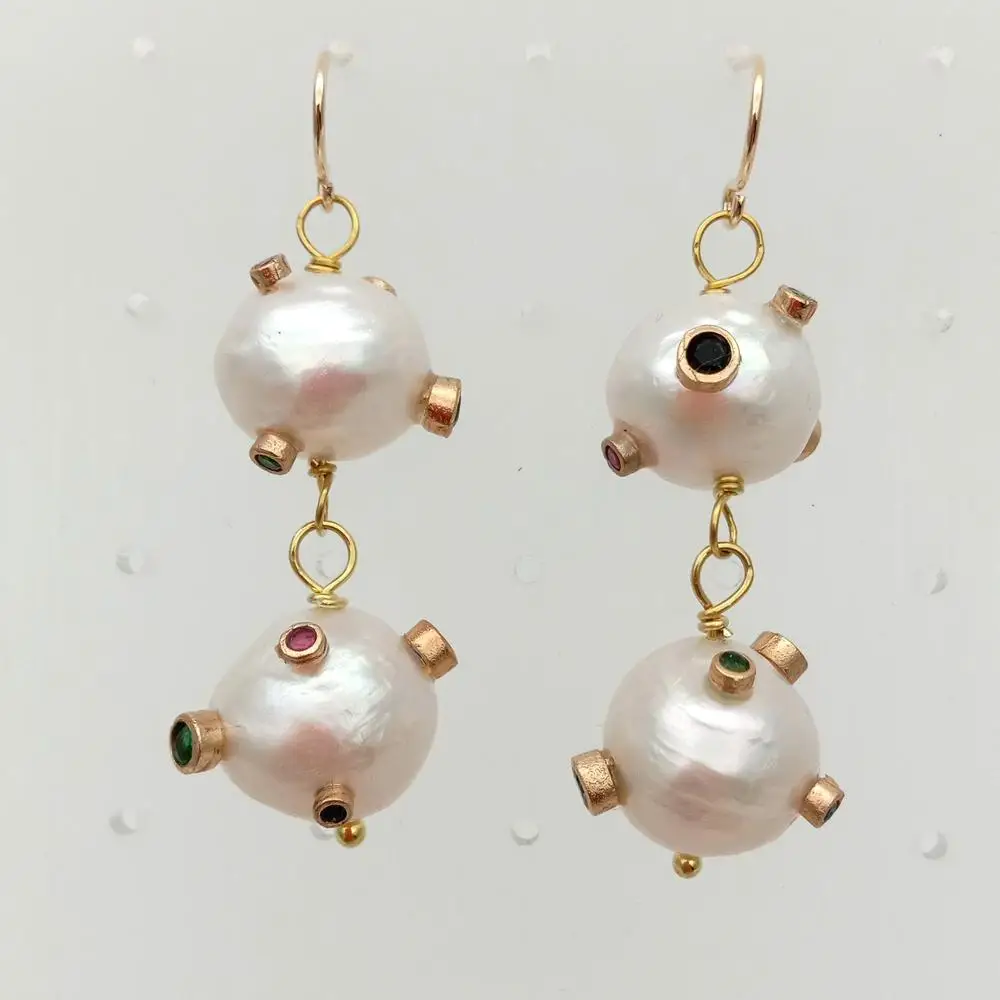 YYGEM handmade 12mm Natural Cultured White Keshi Edison Pearl Cubic Zirconia pave Gold Plated Hook Earrings cute wedding