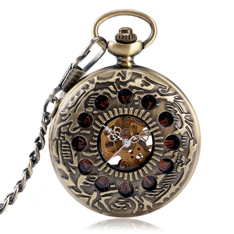 

Steampunk Men Women Handwinding Mechanical Pocket Watch Half Hunter Skeleton Clock Roman Numeral Pendant Chain Collectable