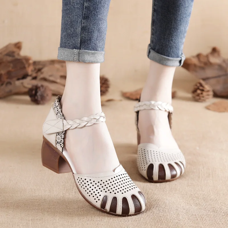 Cow Leather And Tendon Bottom Women\'s Sandals Ethnic Style Round Toe Breathable Hole Shoes Soft Bottom Thick Heel Dancing Shoes