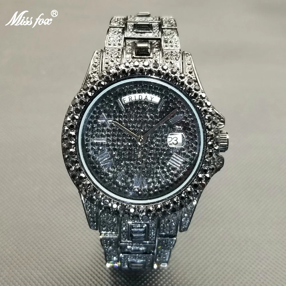 Missfox Hip Hop Black Diamond Horloges Voor Mannen Luxe Fashion Week Display Quartz Horloge Vintage Iced Out Duik Relogio Masculino