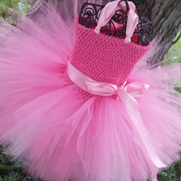 Cute Girls 2Layers Pink Tutu Dress Baby Crochet Corset Ballet Tutus with Grosgrain Bow and Headband Kids Birthday Party Dresses