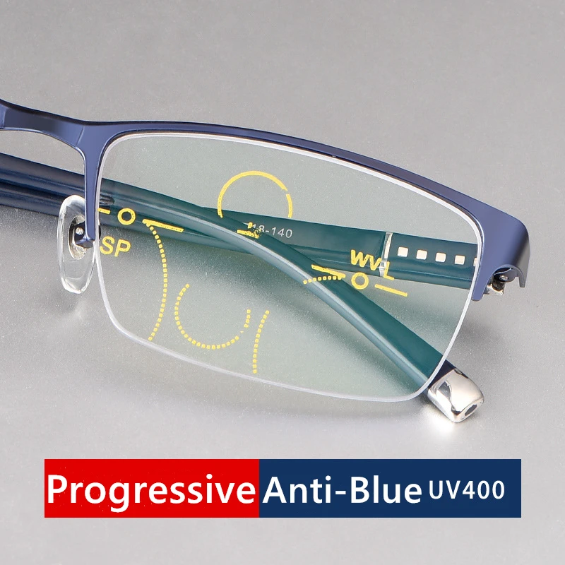 Progressive Reading Glasses Men Multifocal TR90 Customized Presbyopia Glasses Anti Blue Light Half Frame Black 175