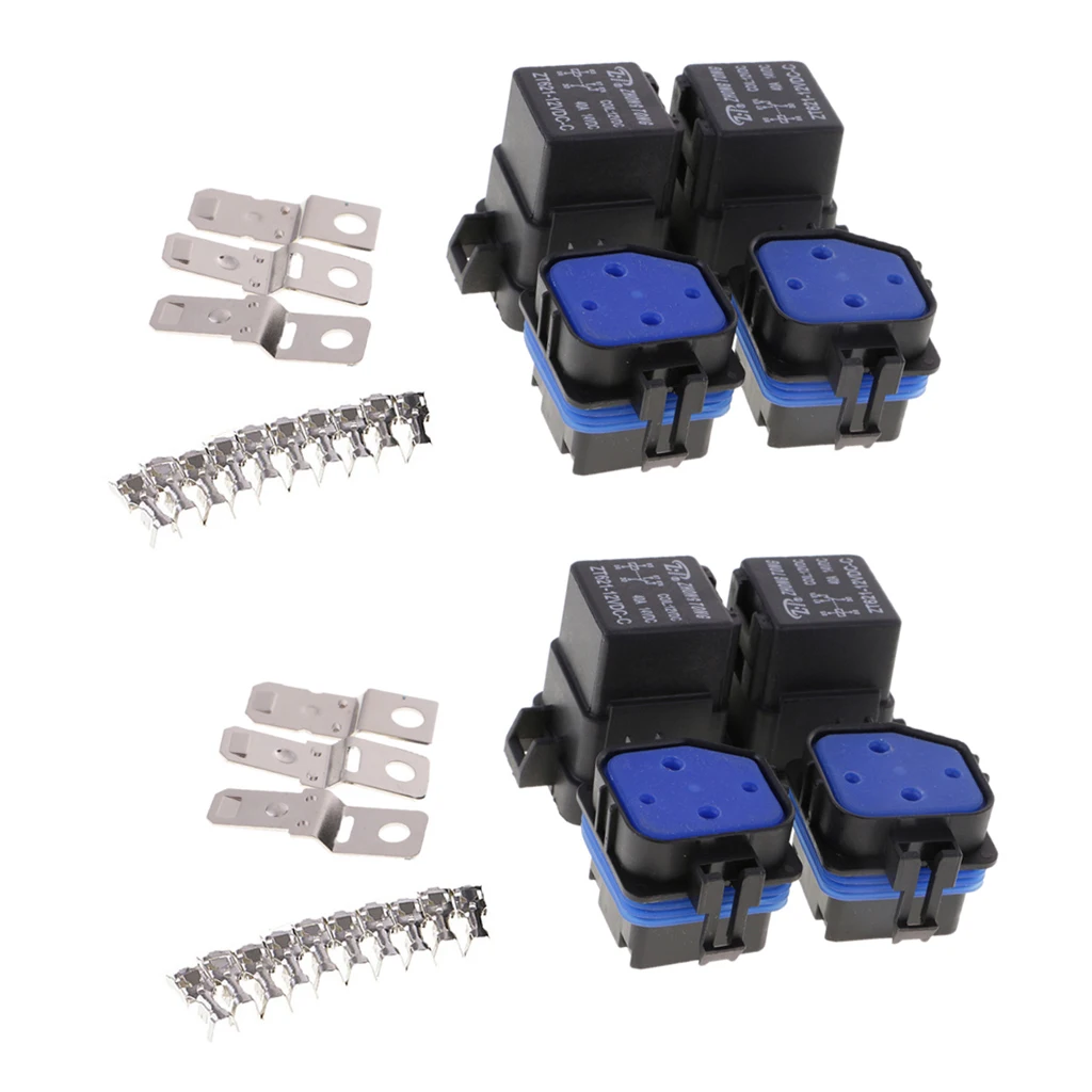 4 Sets 12V 40A AMP 5 Pin Relay and Relay Holder Socket Integrated +Terminals