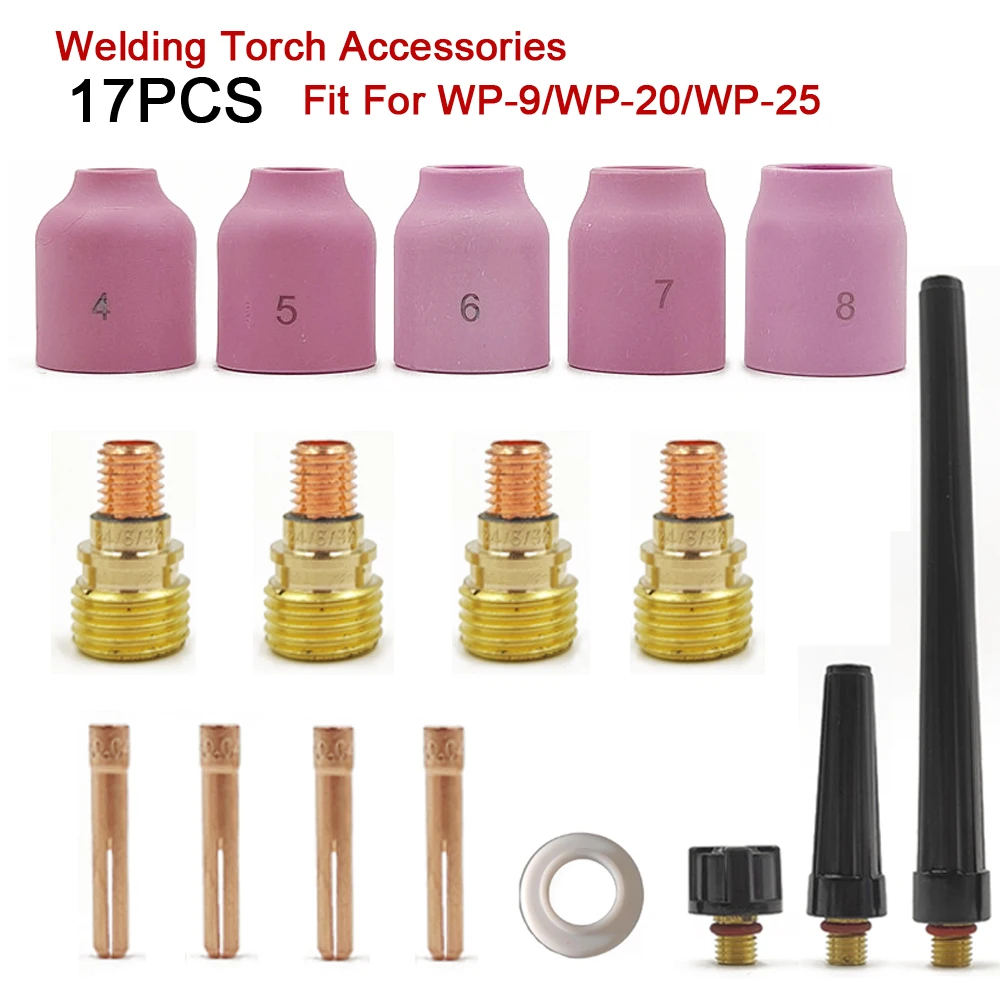 

17Pcs TIG Welding Torch Stubby Gas Lens Accessory Kit Set For WP9/WP20/WP25 Welding TIG Spares Kit Durable Practical Accessories