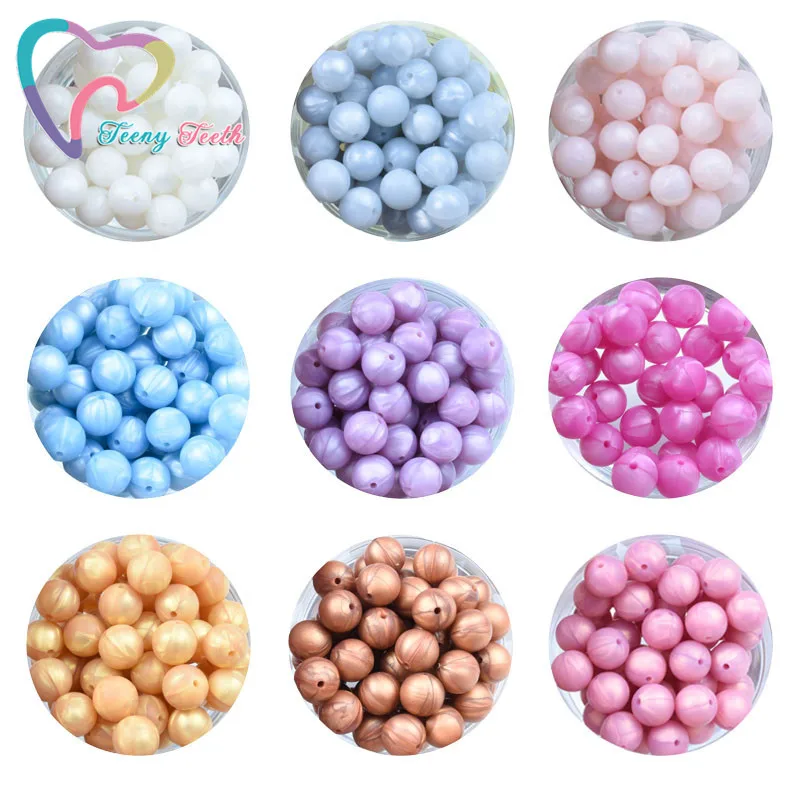 Teeny Teeth Metallic 12-15 MM Round Silicone Teething Beads BPA Free Food Grade Baby Chewable Round Ball Beads 12 Colors Choose