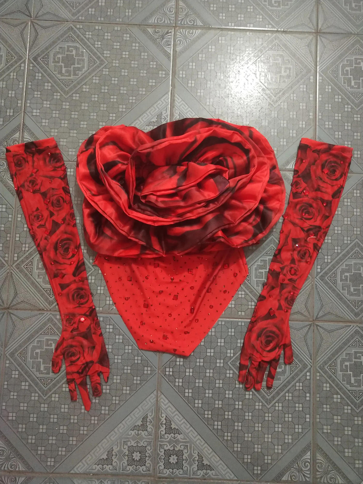 Red Big Rose Bodysuit Rhinestones Gloves Outfit Festival Party Show Stage Wear Bar Nightclub Sexy DJ Singer Dance Costume