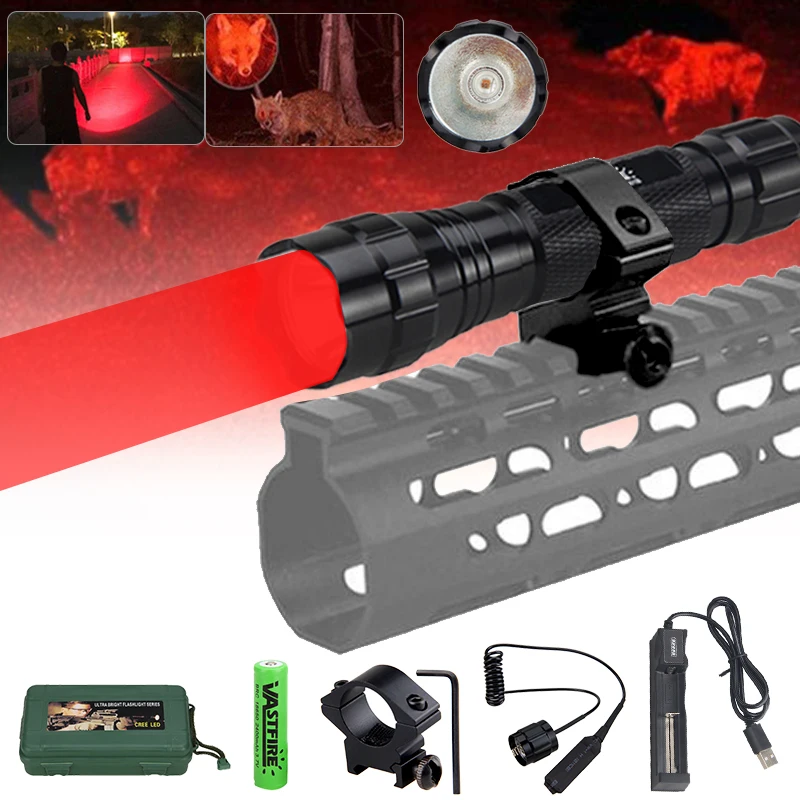 

Red 500 Yards Tactical Led Weapon Gun Light Night Hunting Flashlight+Rifle Scope Mount+Pressure Switch+18650+USB Charger+Box