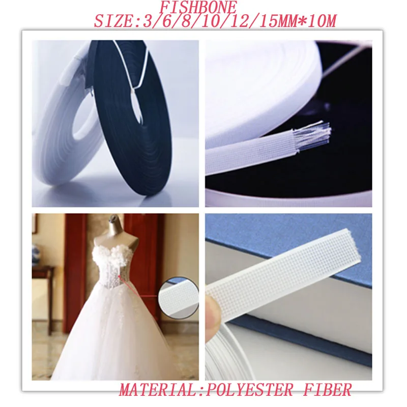 

3-15mm(W)X10m(L) black white polyester fiber boning fishbone support for wedding dress chest underdress bubbleskirt fix diy1725