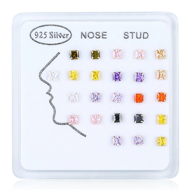 24pcs/pack Inlaid Squre colorful shiny cz zircon 925 sterling silver nose studs 3mm women men Geometric nose piercing jewelry