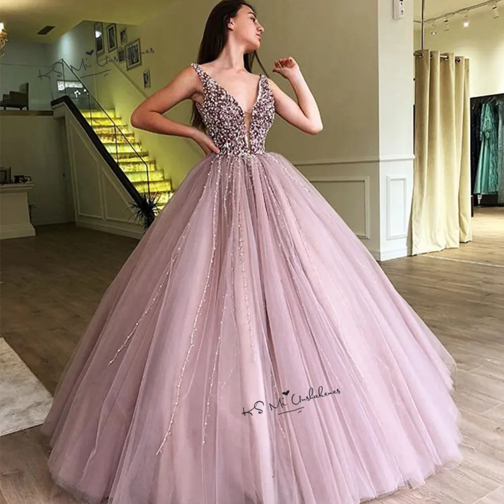 Vestido de baile de quinceañera para baile de graduación, traje Rosa largo con perlas para 15 años, 2020