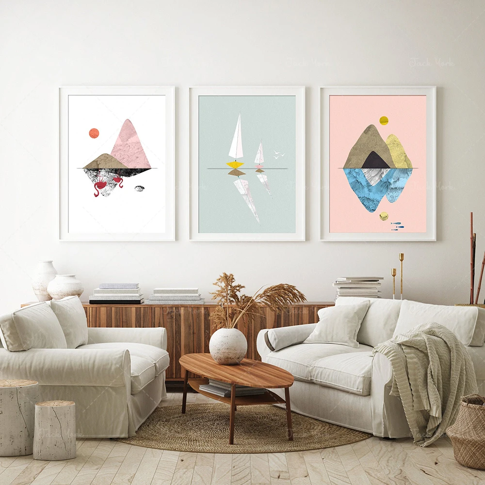 Estampado rosa, conjunto de paisaje marino tropical, mar de barco nórdico, barco de mar de montaña, conjunto de arte de isla de flamenco, barcos nórdicos, estilo escandinavo