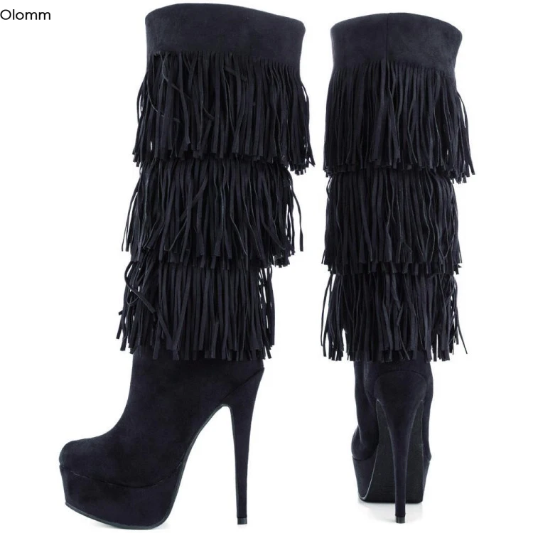 

Olomm Women Platform Knee High Boots Fringe Thin High Heels Boots Round Toe Elegant Black Party Shoes Women Plus US Size 5-15