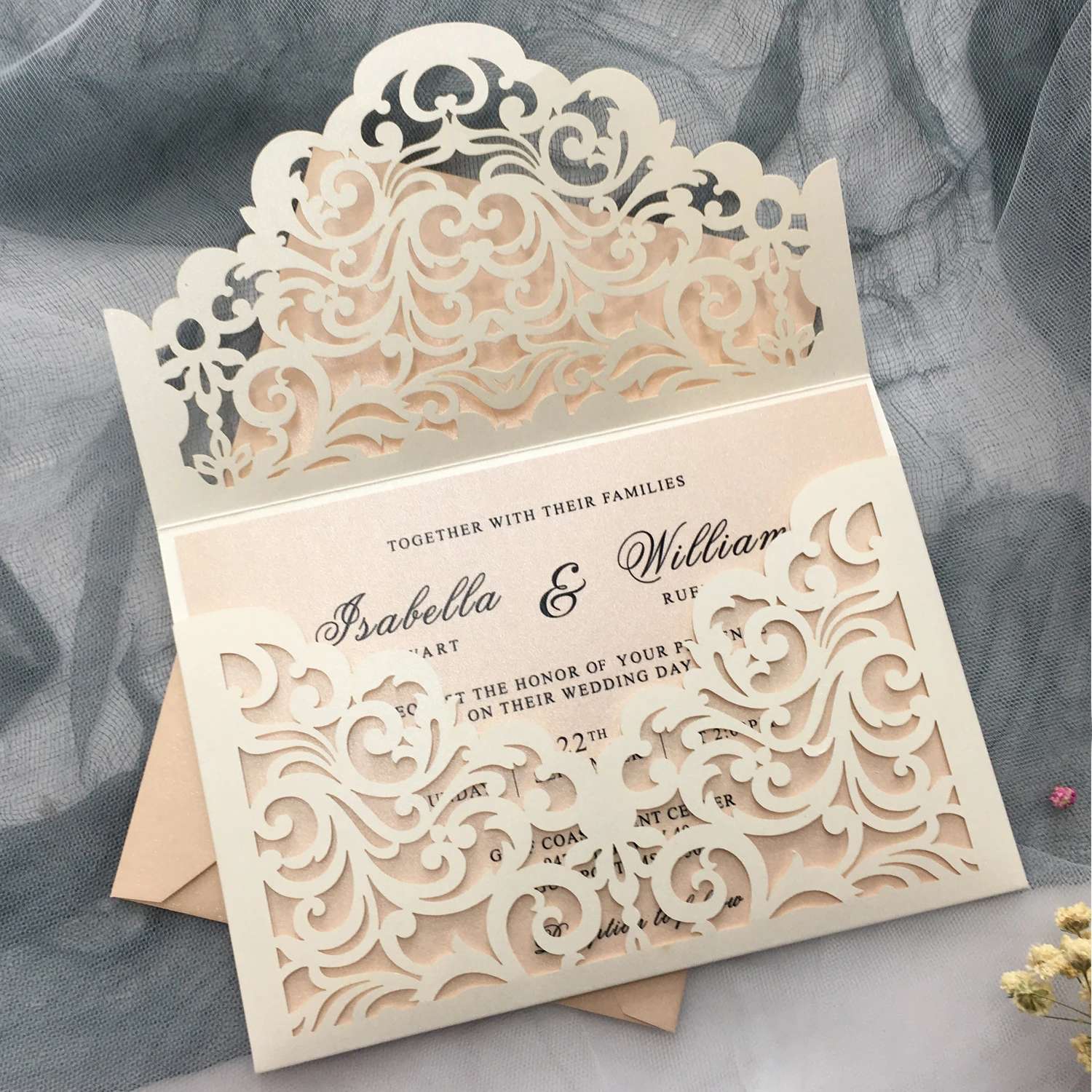 Elegant Wedding Invitations Cards Ivory Laser Cut Invitations with Blush Pink Shimmer Insert - Set of 50 pcs