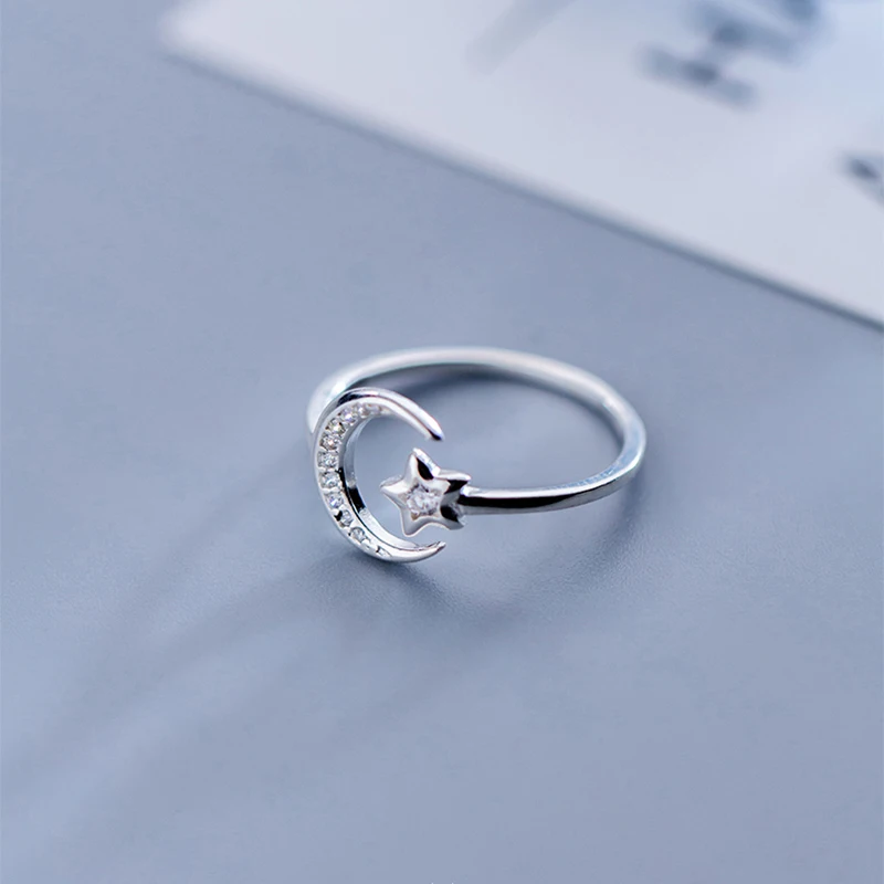 Real 925 Sterling Silver Minimalist Zircon Moon Star Opening Ring For Charming Women Party Fine Jewelry Cute 2019 Gift