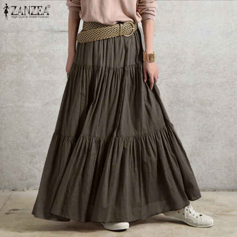 ZANZEA Stylish Women Spring Skirts Vintage Elastic Waist Faldas Saia Female Ruffles Maxi Sundress Casual Jupe Solid Long Skirt