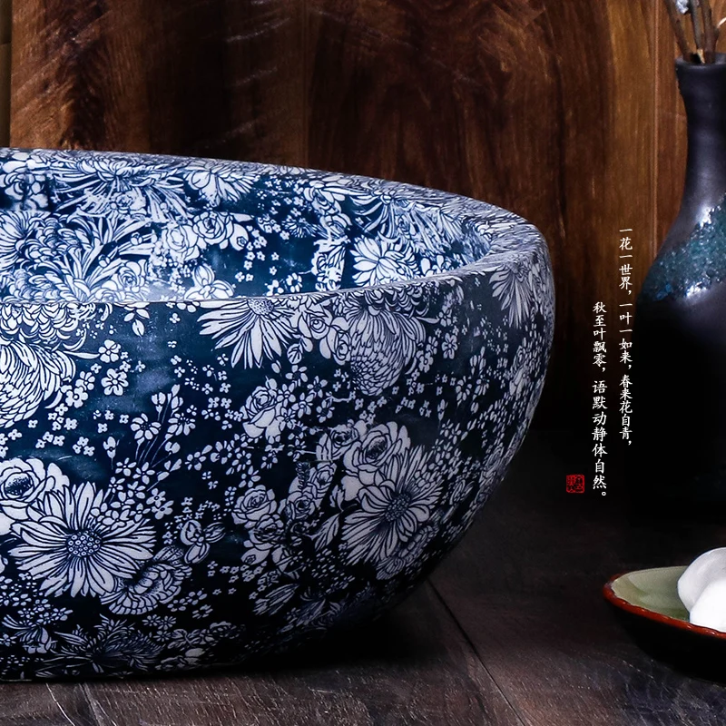 Blue white Europe style chinese wash basin vessel sinks Jingdezhen Art Counter Top ceramic basin sink round bowl wash basin