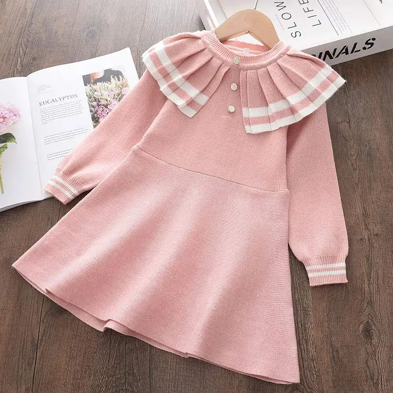 

Baby Girl Winter Sweet Dress Fashion Autumn Ruffles Collars Sweater Knitted Dresses Children's Clothing Outfits Knitting Clothes