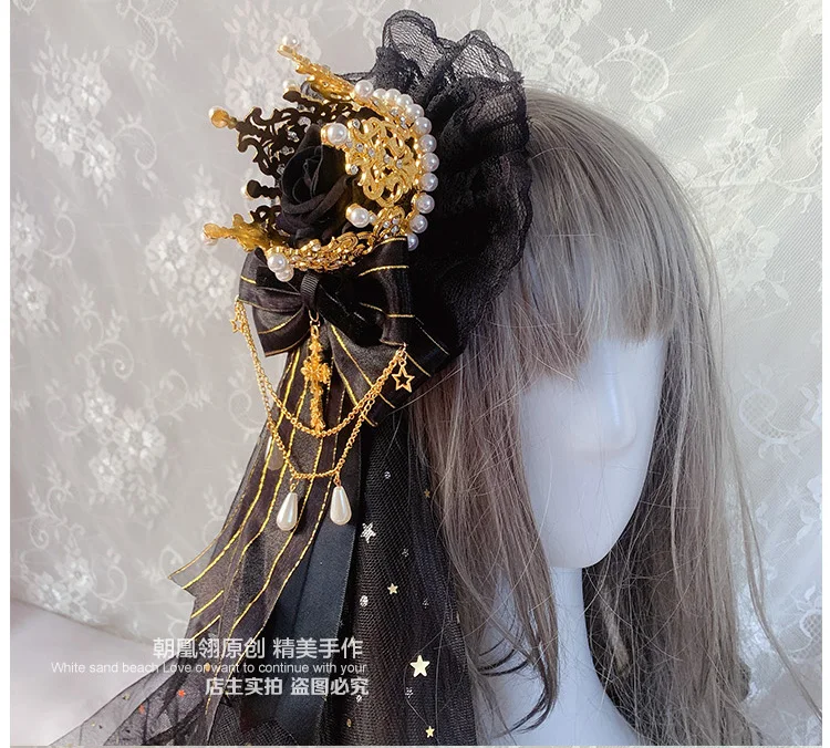 Original Gothic Lolita Crown Dark Hand-Made Headdress Gorgeous Veil Flower Pill Lolita Accessories Vintage Hair Accessories