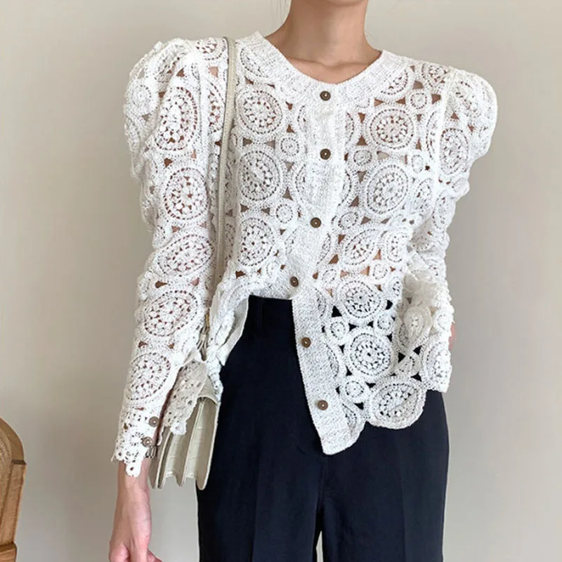 Hollow Out Hook Flower Knitted Cardigan Elegant V-neck Casual Women\'s Sweater Chic Button Split Puff Sleeve Femme Jacket