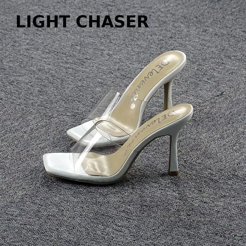 New Summer Women Shoes Square Toe Stiletto Women Sandals Transparent High Heel Sandals Women Slippers Sexy High Heel Slippers 43