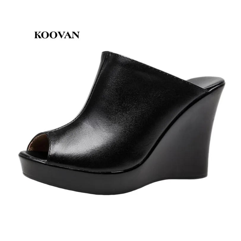 New Women Sandals 2022 Woman Leather Sandals Wedges Heel Women High-heeled Women's Shoes Fish Head Black Platform Shoes 33-41