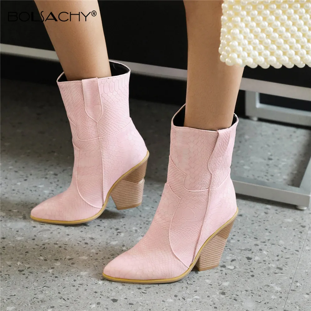 Pink Yellow Blue Faux Leather Cowboy Ankle Boots for Women Wedge High Heel Boots Chunky Snake Print Western Cowgirl Boots Black