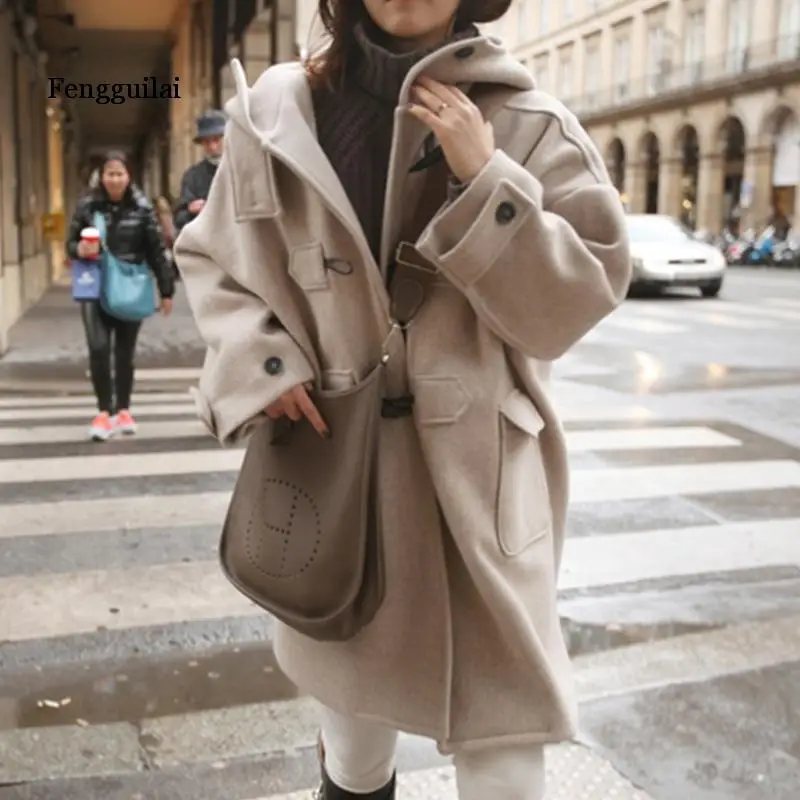 

Winter Coats Long Outerwear for Women Trench Woolen Coat Thick Horn Female Zipper Coat