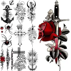 Watercolor Flower Dagger Temporary Tattoos For Adults Men Anchor Cross Crown Tatoos Spider Snake Fake Tattoo Sticker Body Arm