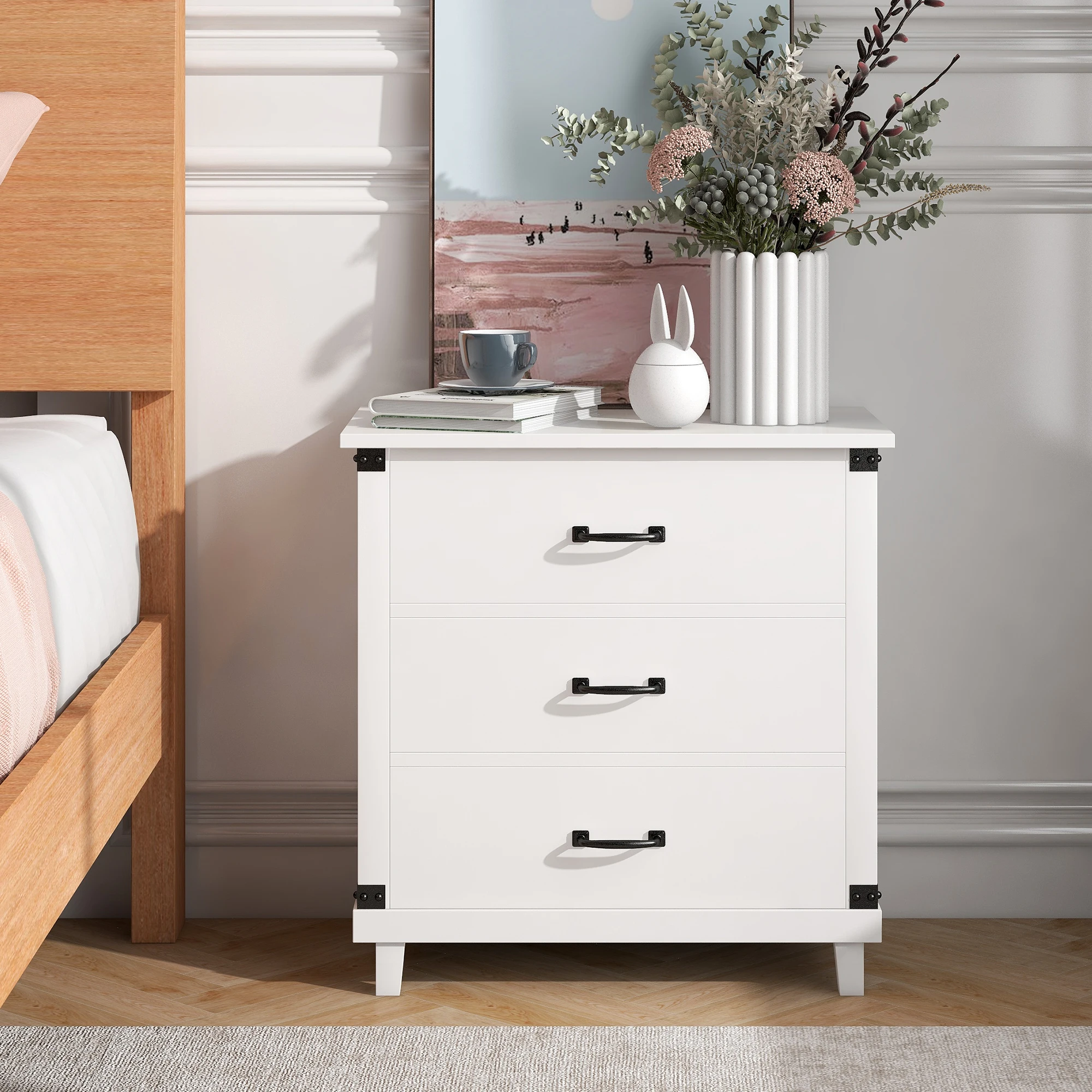 Two Colors  Modern Bedroom Nightstand with 3 Drawers Storage ,