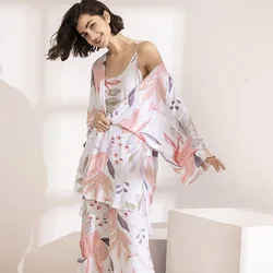 HOT SELLING 3Pcs Soft Pajama Set For SPRING & FALL Ladies Sleepwear Floral Printed  Pink Leaves Cardigan+Camisole+Pants Homewear