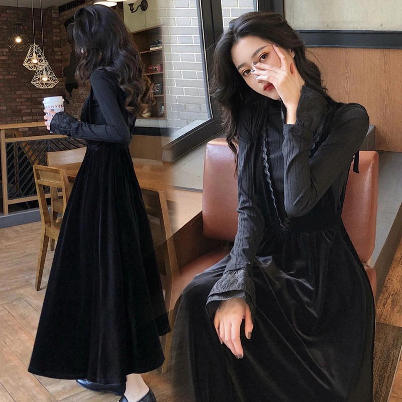 

Fall Winter Hepburn Style Black Dress Women Yujie Style Strap Two Piece Set Dress Fashion Plus Size Women's Clothing Dress Suit