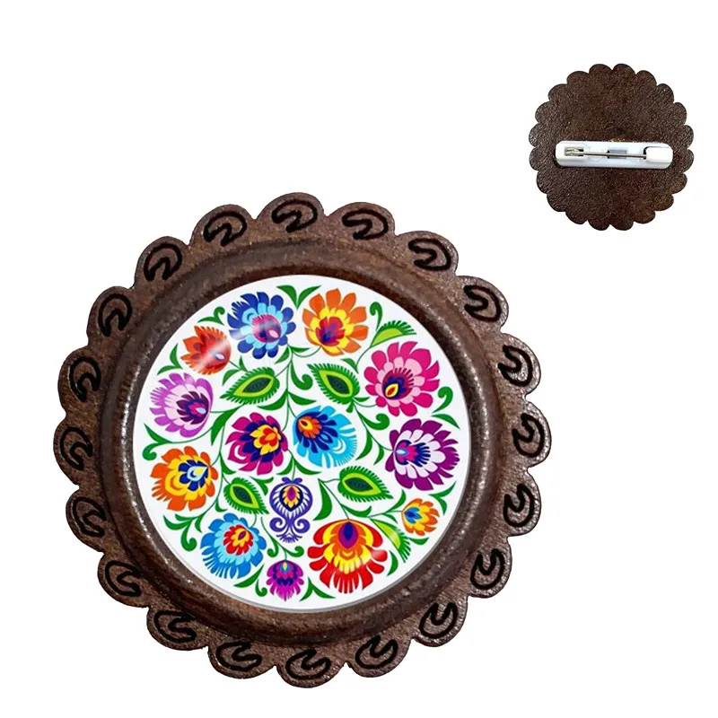 دبابيس زجاجية على الطراز البوهيمي ، نمط فن شعبي ، عرقي ، طباعة زهور ، ياقة خشبية مستديرة ، مجوهرات هدايا للنساء والرجال