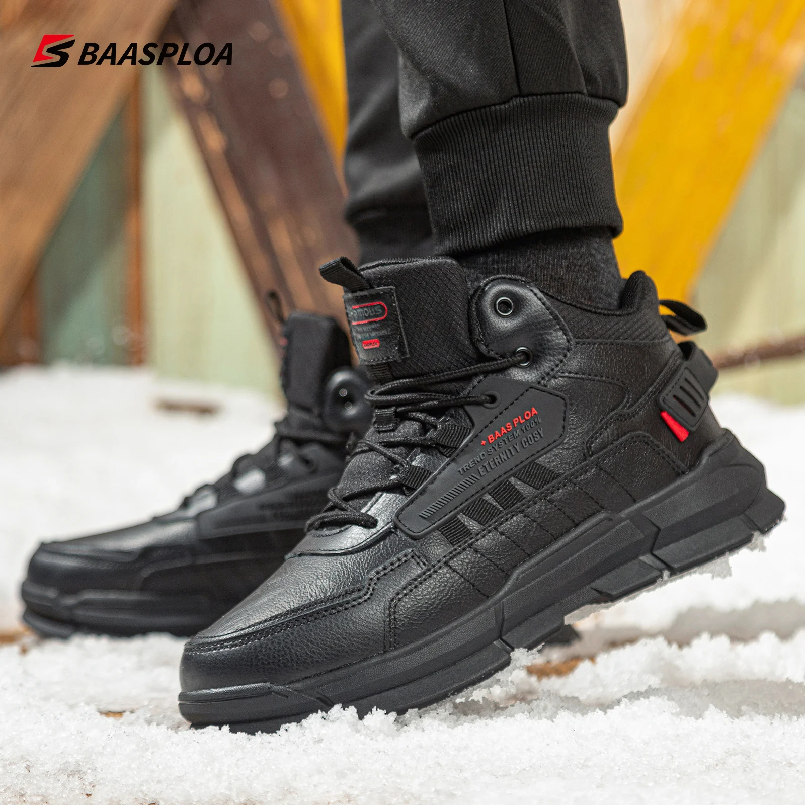 Baasploa Winter Men Leather Comfortable Cotton Shoes Waterproof Warm Outdoor Sneakers Non-slip Wear-resistant  Walking shoes