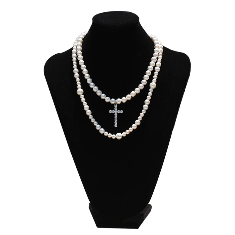 

Double Layer Pearl Necklace Set with 8-10 mm Mixed Beads and Cross Hip Hop Necklace Charms for Jewelry Making