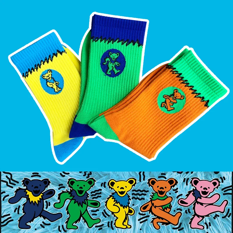 Vintages Style Crew Socks Grateful Bears Original Dunk Dancing Bear Sb Green Yellow Orange Blue Street Fashion SBs Deadhead GD